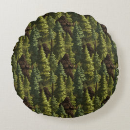 Cojín Redondo Bigfoot Hiding In A Pine Tree Forest