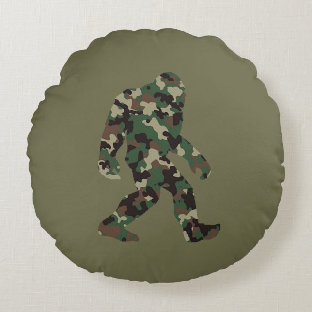 Cojín Redondo Bigfoot Sasquatch Camuflaje  (Anverso)