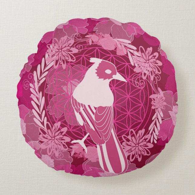 Cojín Redondo Bird flower of life (Anverso)
