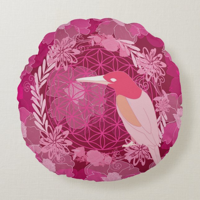 Cojín Redondo Bird flower of life (Anverso)