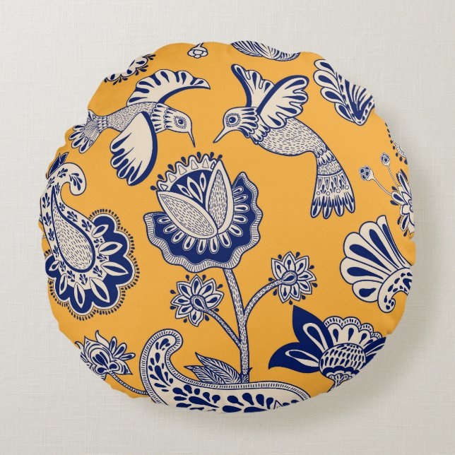 Cojín Redondo Birds Paisley Flowers Vintage Pattern (Anverso)