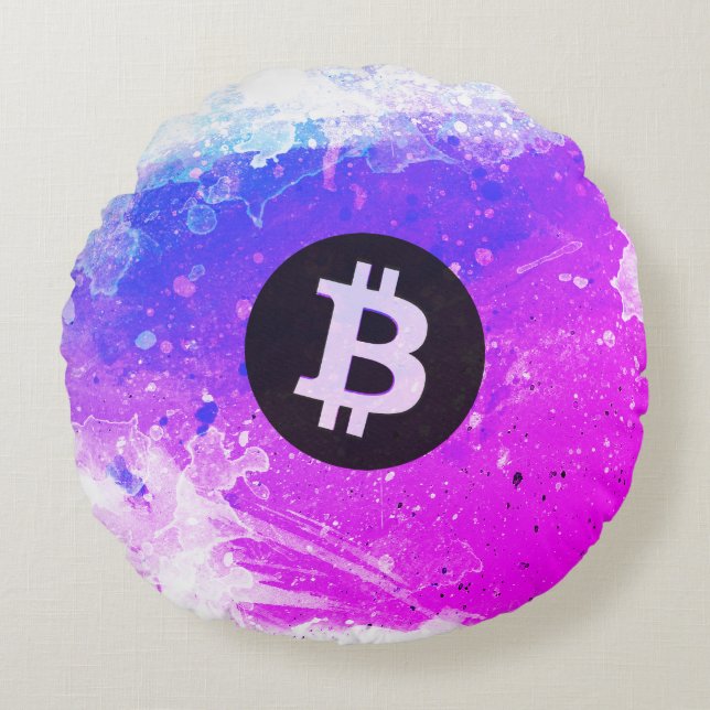 Cojín Redondo Bitcoin Acuarela (Estilo 6 - Miami Beach) (Anverso)