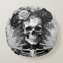 Cojín Redondo Black and White Skull with Roses Gothic Style