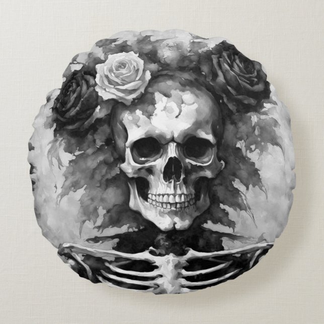 Cojín Redondo Black and White Skull with Roses Gothic Style (Anverso)