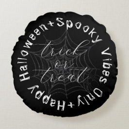 Cojín Redondo Black and White Spooky Spider Web Happy Halloween