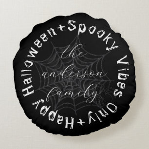 Cojín Redondo Black and White Spooky Spider Web Happy Halloween