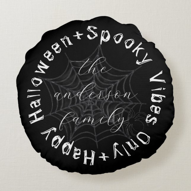 Cojín Redondo Black and White Spooky Spider Web Happy Halloween (Reverso)