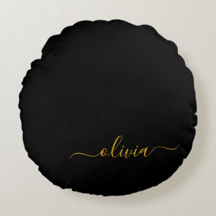 Cojín Redondo Black Gold Modern Script Girly Monograma Nombre