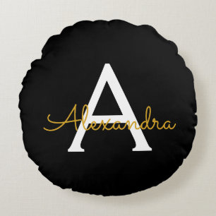 Cojín Redondo Black Gold Modern Script Girly Monograma Nombre