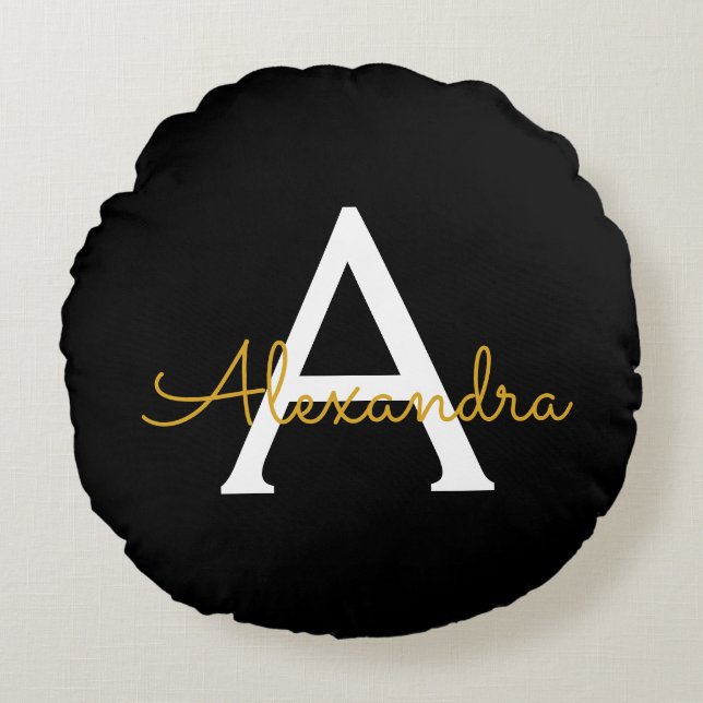 Cojín Redondo Black Gold Modern Script Girly Monograma Nombre (Anverso)