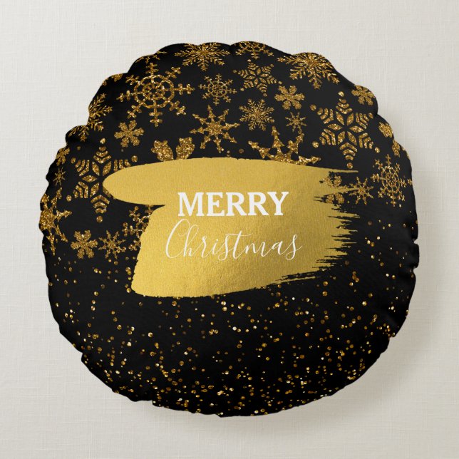 Cojín Redondo Black & Gold Snowflakes Stars Feliz Navidad (Anverso)