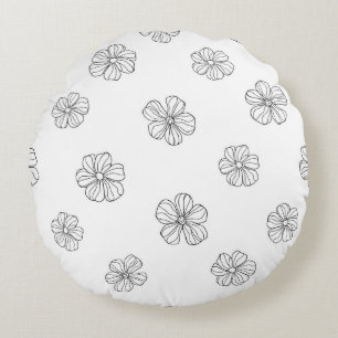 Cojín Redondo Black hand drawn flowers on white background. Seam