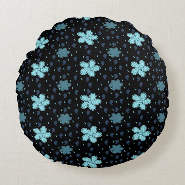Cojín Redondo Black Pillow with Blue Paisley Floral Print (Anverso)