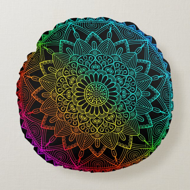 Cojín Redondo Black Rainbow Mandala (Anverso)