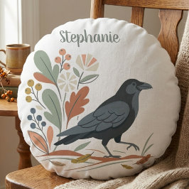 Cojín Redondo Black Raven Bird Botanical Autumn