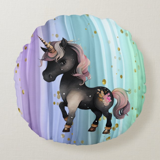Cojín Redondo Black Unicorn Púrpura Tail (Anverso)