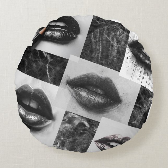 Cojín Redondo Black & White Lips Collage Round Throw Pillow (Anverso)
