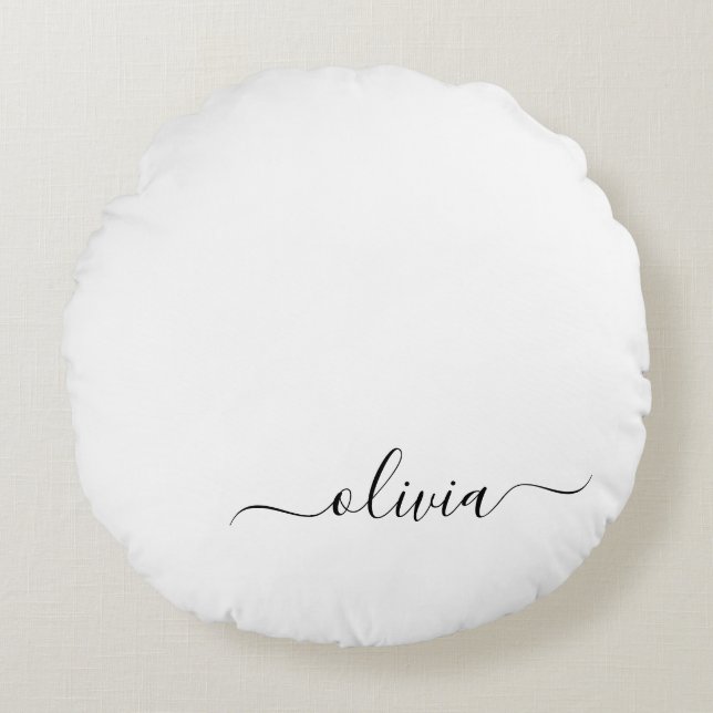 Cojín Redondo Black White Modern Script Girly Monograma Nombre (Anverso)