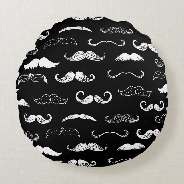 Cojín Redondo Black & White Moustache Seamless Repeat Background (Anverso)