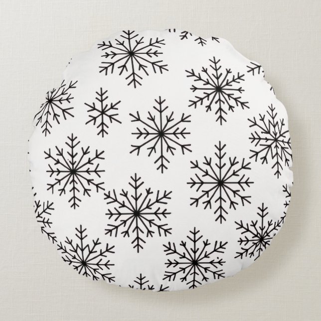Cojín Redondo Black & White Snowflake Throw Pillow – Minimalist  (Anverso)