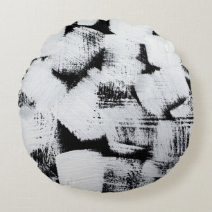 Cojín Redondo Blanco negro, lienzo pintado abstracto.