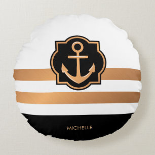 Cojín Redondo Blanco negro y rayas doradas