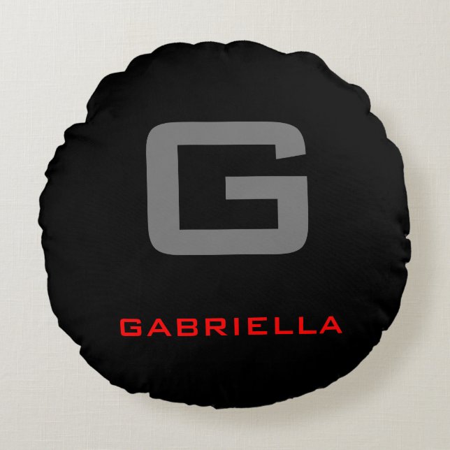 Cojín Redondo Blanco Rojo Negro Tu Nombre Monograma Inicial (Anverso)