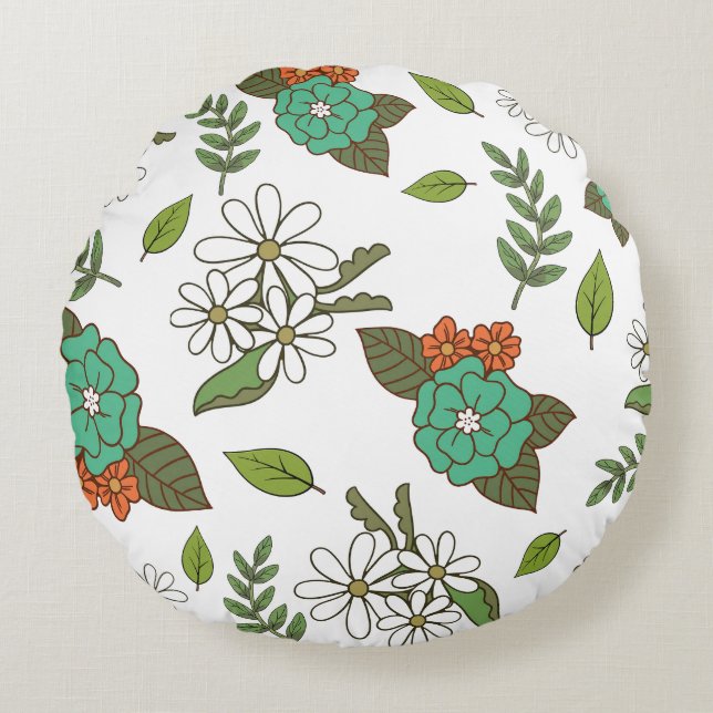 Cojín Redondo Blanco y Verde Floral Retro (Anverso)