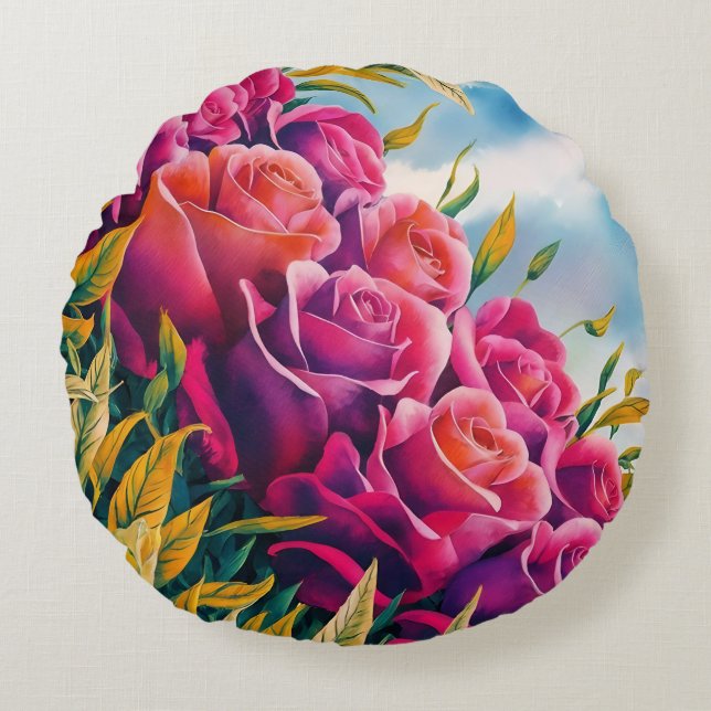 Cojín Redondo Bloom etéreo: Sinfonía Rosa de acuarela abstracta (Anverso)