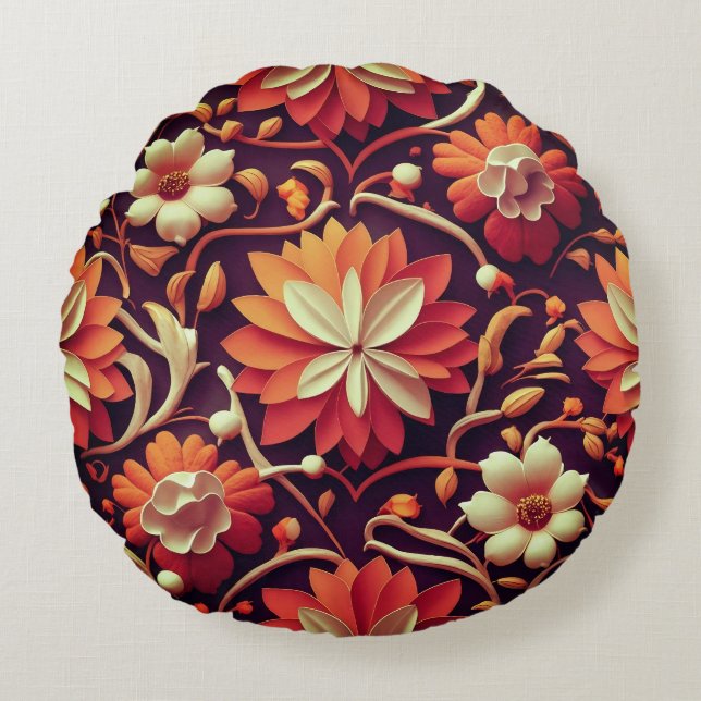 Cojín Redondo "Bloom Retro - Patrón floral sin foco (Anverso)