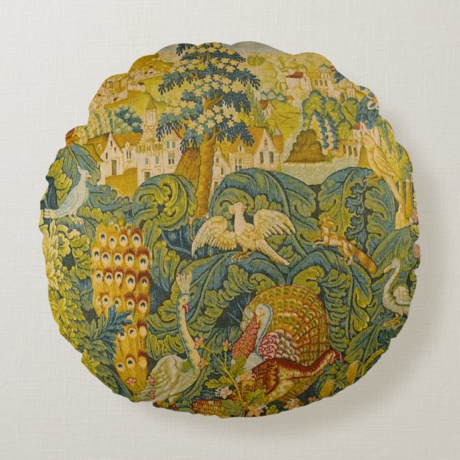 Cojín Redondo Bloque botánico de aves (Anverso)