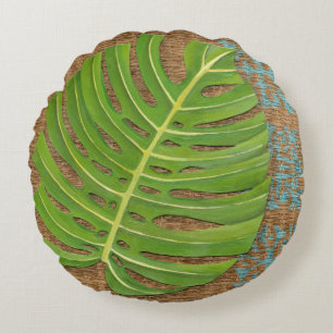 Cojín Redondo Bloquear impresión de palma en fondo de mimbre