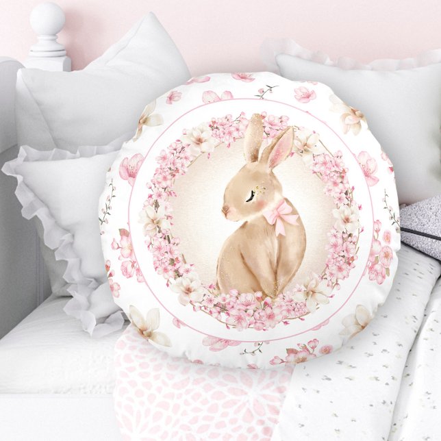 Cojín Redondo Blossom de cerezo lindo conejito nursera rosa blan (Cherry Blossom Cute Bunny White Pink Nursery Round Pillow)