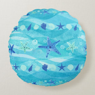 Cojín Redondo Blue Aqua Starfish Seashell Ocean Waves Beach Coas