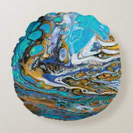 Cojín Redondo Blue Beach, River water y stones (arte abstracto)