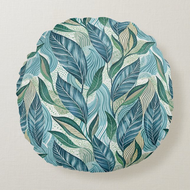 Cojín Redondo Blue Botanical Wave Modern Pattern (Anverso)