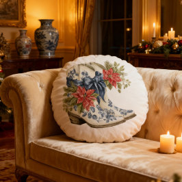 Cojín Redondo Blue Chinoiserie Christmas Cowgirl Boots Pillow
