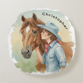 Cojín Redondo Blue Cowboy Kissing a Horse Birthday Party Gift