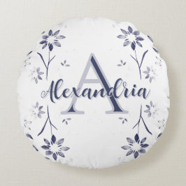 Cojín Redondo Blue Floral Personalized Monogram Name