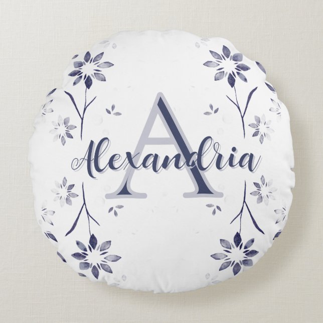 Cojín Redondo Blue Floral Personalized Monogram Name (Anverso)