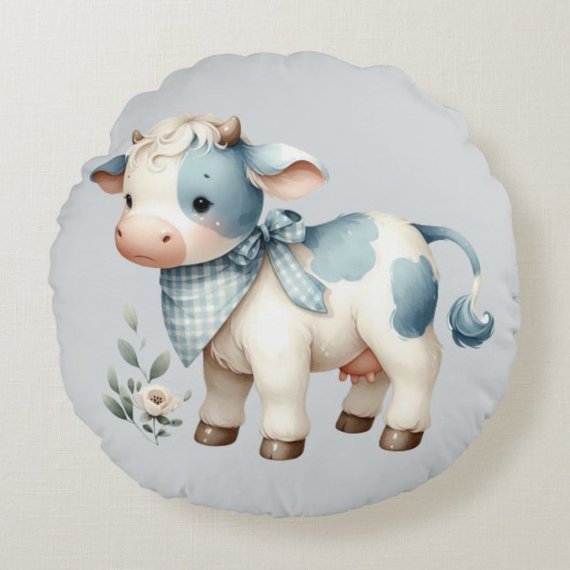 Cojín Redondo Blue Gingham Baby Cow Pastel Farm Aesthetic (Anverso)