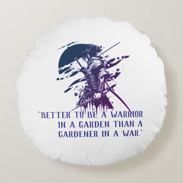 Cojín Redondo Blue Ink Samurai Warrior Custom Quote Round Pillow (Anverso)
