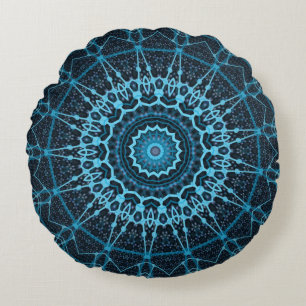 Cojín Redondo Blue Mandala Net Retro Hippie Trippy Boho Moda