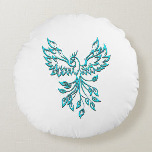Cojín Redondo Blue Phoenix Rising en Blanco