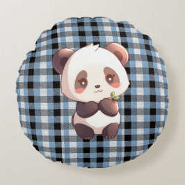 Cojín Redondo Blue Plaid Panda Throw Pillow