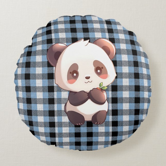 Cojín Redondo Blue Plaid Panda Throw Pillow (Anverso)