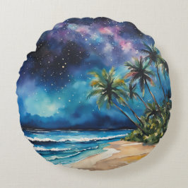 Cojín Redondo Blue Purple Night Sky Stars Tropical Beach Palms