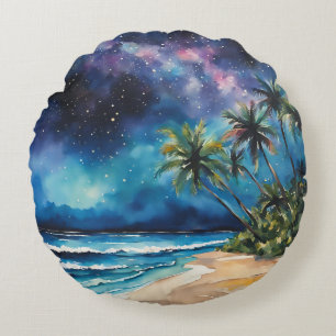 Cojín Redondo Blue Purple Night Sky Stars Tropical Beach Palms