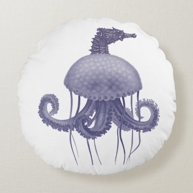 COJÍN REDONDO BLUE SEAHORSE JELLYFISH  (Anverso)
