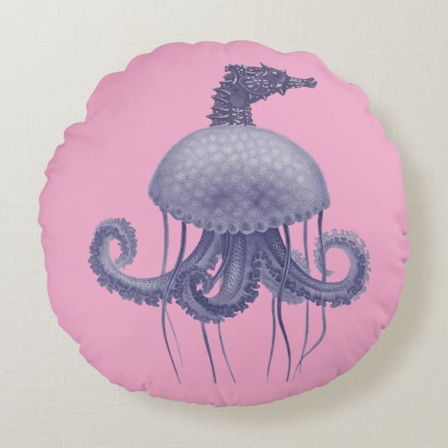 COJÍN REDONDO BLUE SEAHORSE JELLYFISH  (Anverso)